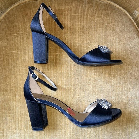 BADGLEY MISCHKA Mark and James Black Satin Block Heel JEWELED Ankle Strap 7 - Picture 6 of 10